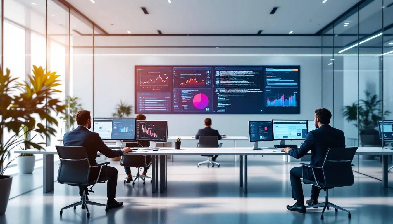 En la imagen se observa a un grupo de empresarios trabajando en una oficina moderna, utilizando tecnología de inteligencia artificial en sus dispositivos. La escena refleja un ambiente colaborativo donde se discuten estrategias para el crecimiento de sus empresas en Estados Unidos.