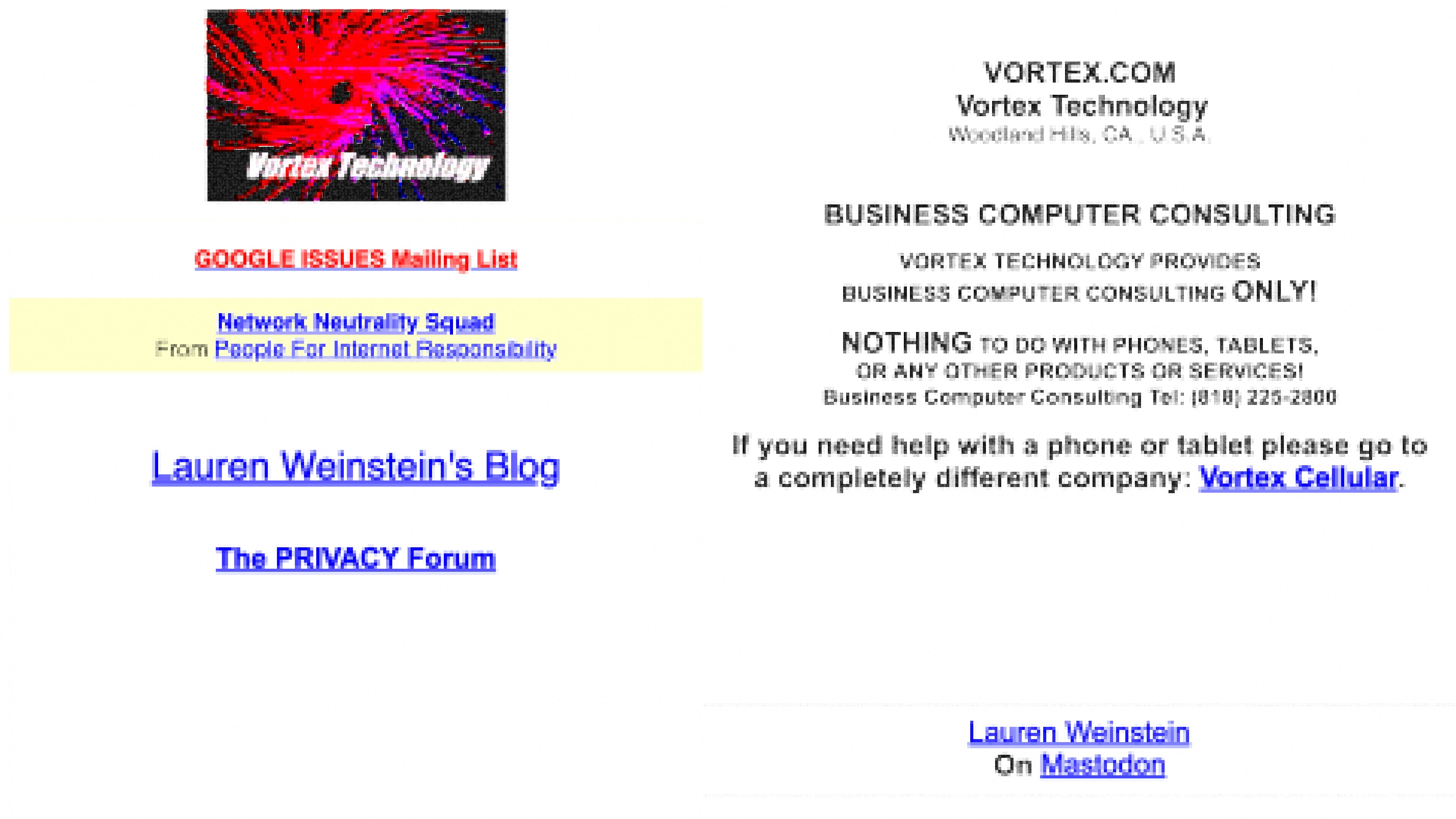 A basic webpage for Vortex Technology displays plain text announcing business computer consulting services only. It includes minimal graphics, blue and red hyperlinks, and emphasis on service limitations. While functional, the layout lacks modern lead generation website tips like strategic CTAs, responsive design, or visual hierarchy—highlighting the importance of web structure updates for MSP growth.