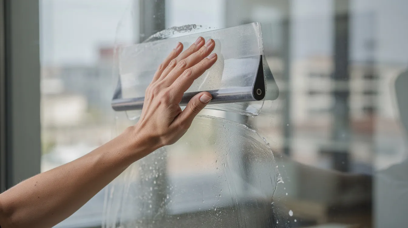 The image shows hands carefully smoothing decorative window film onto a glass surface using a squeegee tool, ensuring a perfect application without bubbles. This process transforms plain glass into a stylish feature, enhancing both privacy and beauty in residential and commercial spaces while allowing natural light to filter through.