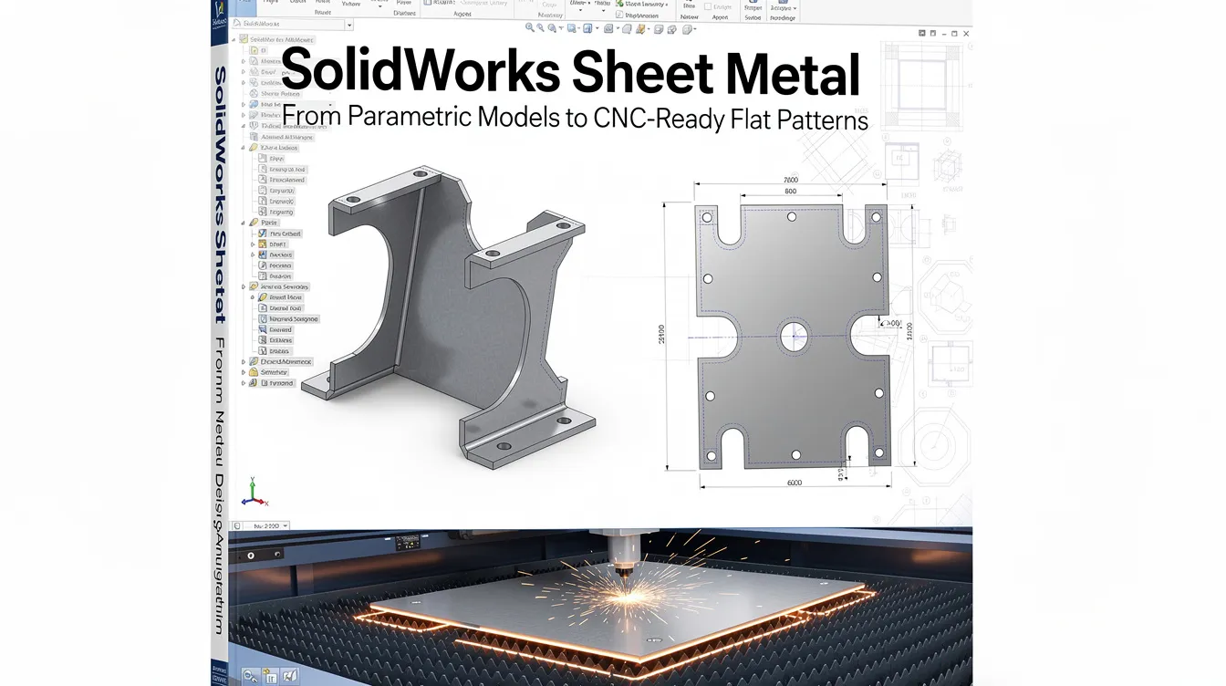 The image illustrates a detailed SolidWorks sheet metal design process, showcasing various sheet metal parts and features such as tabs and flanges. It highlights the transition from parametric models to CNC-ready flat patterns, emphasizing important parameters like bend radius and sheet thickness.