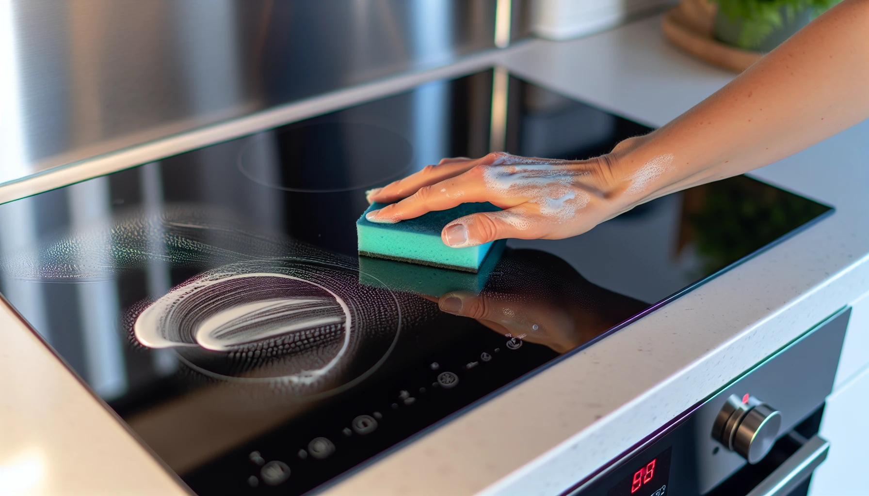 A photo of a baking soda paste being applied to a glass electric stove top