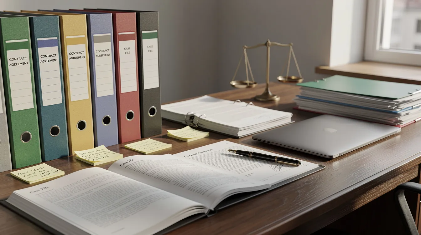 The image shows a neatly organized desk filled with legal documents and files, likely related to personal injury claims and insurance processes, such as medical records and police reports from car accidents. This setup suggests preparation for discussions about fair settlements and the claims process, emphasizing the importance of legal counsel for injury victims seeking maximum compensation.