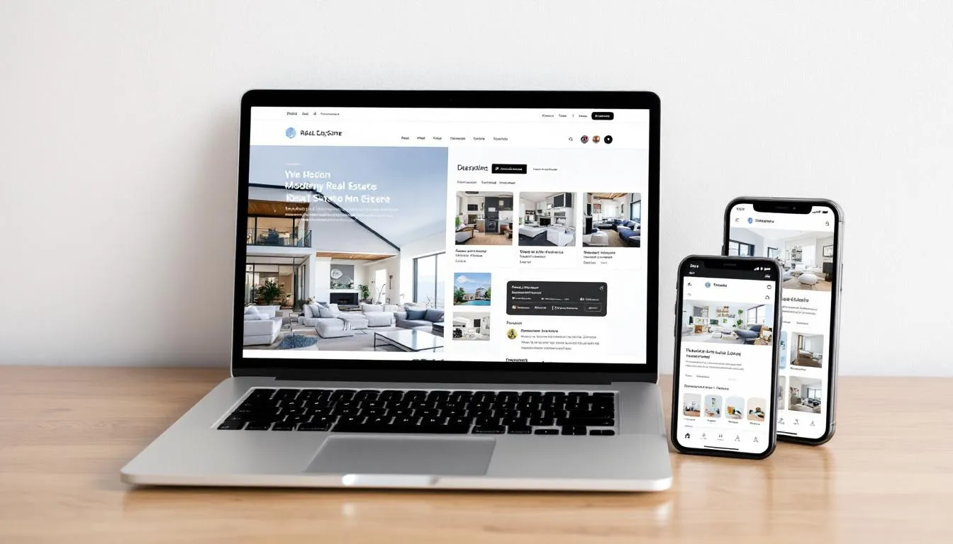 A modern real estate website is displayed on a laptop, tablet, and smartphone, showcasing its responsive design that adapts seamlessly across devices. This visual emphasizes the importance of digital marketing strategies in the real estate industry, highlighting how real estate agents can reach potential buyers through optimized online platforms. A modern real estate website is displayed on a laptop, tablet, and smartphone, showcasing its responsive design that adapts seamlessly across devices. This visual emphasizes the importance of digital marketing strategies in the real estate industry, highlighting how real estate agents can reach potential buyers through optimized online platforms.