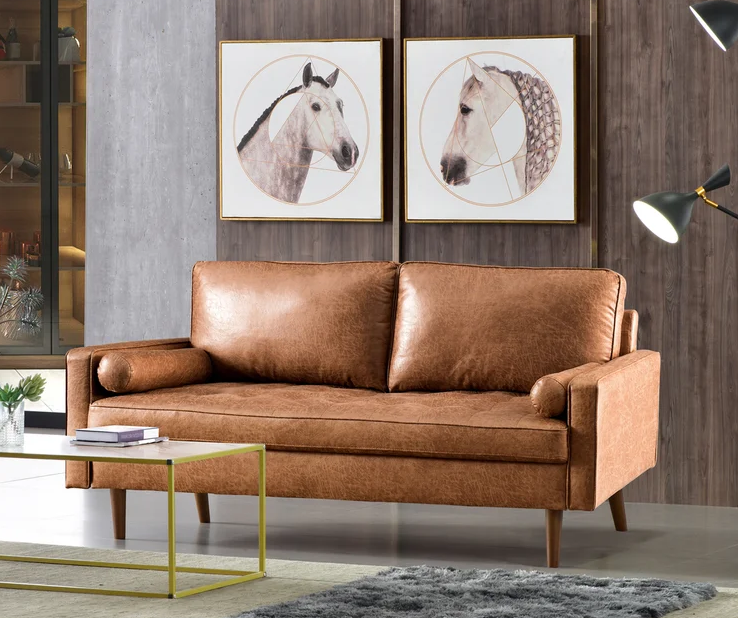 tan faux leather small couch