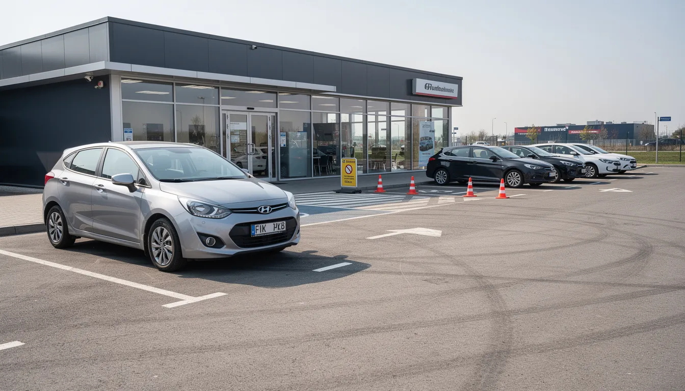 Un véhicule de location est garé sur le parking d'une agence, prêt à être restitué. Cette scène illustre le processus de retour d'une voiture de location, essentiel lors de la planification d'un road trip ou d'un séjour en France.