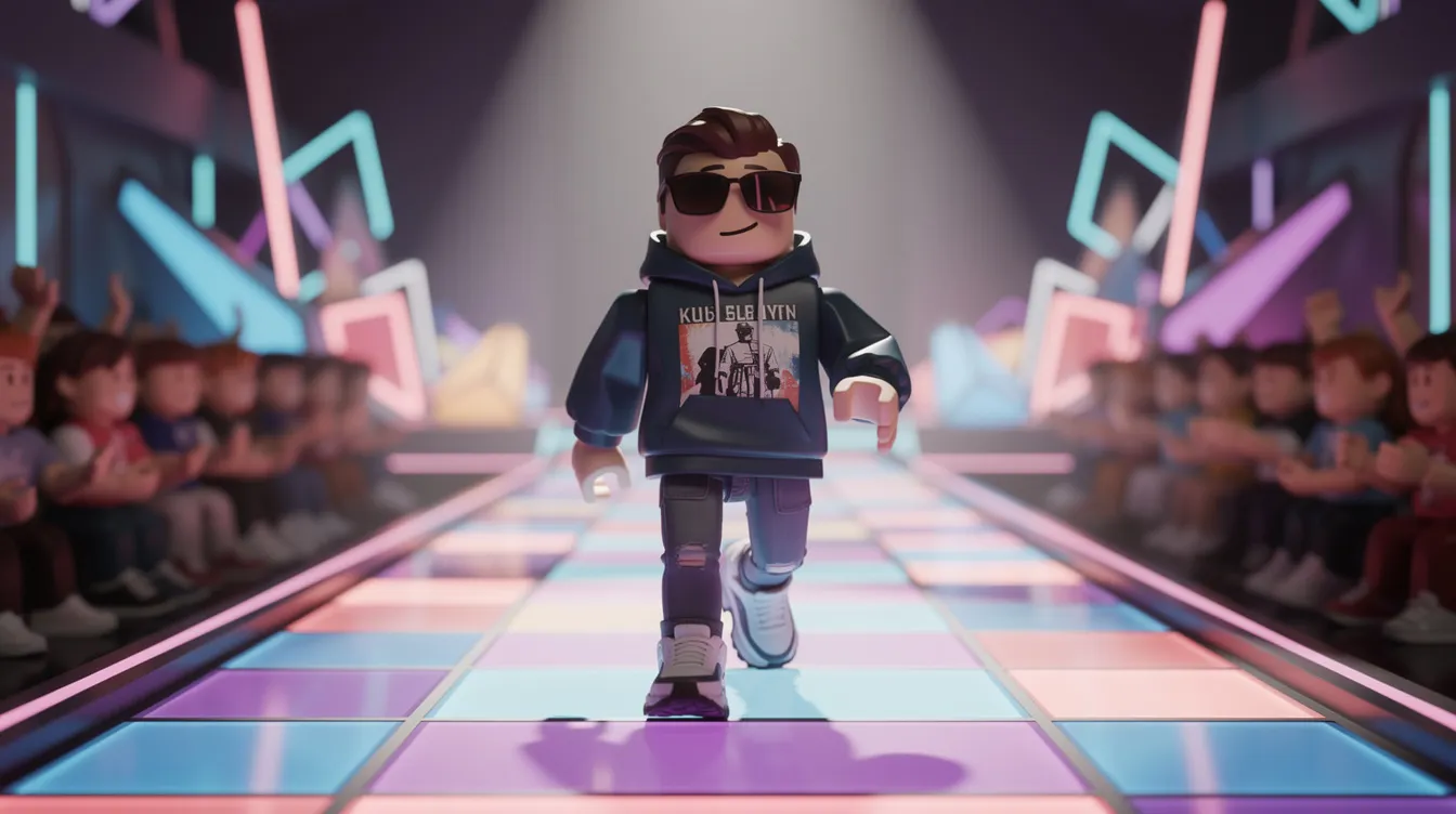 A vibrant Roblox character struts down a colorful fashion runway, showcasing a stylish outfit complete with a pink halter top, a pink skirt, and heeled boots. The character also sports a playful pink hair bow, embodying the "dress to impress" spirit with a confident flair.