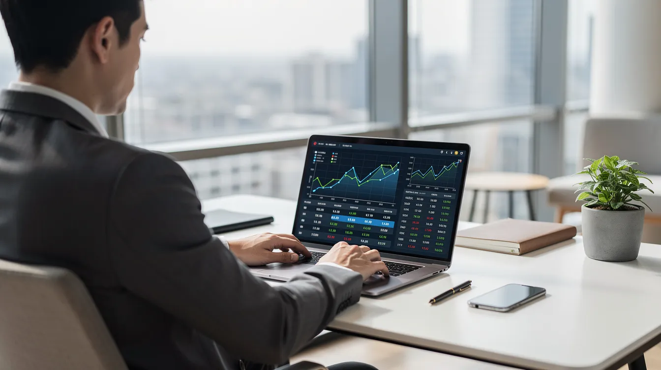 A person is seated at a sleek desk in a modern office, intently reviewing financial data on a laptop. The scene suggests a focus on leverage trading and crypto trading, highlighting the use of advanced trading tools in a secure trading environment.