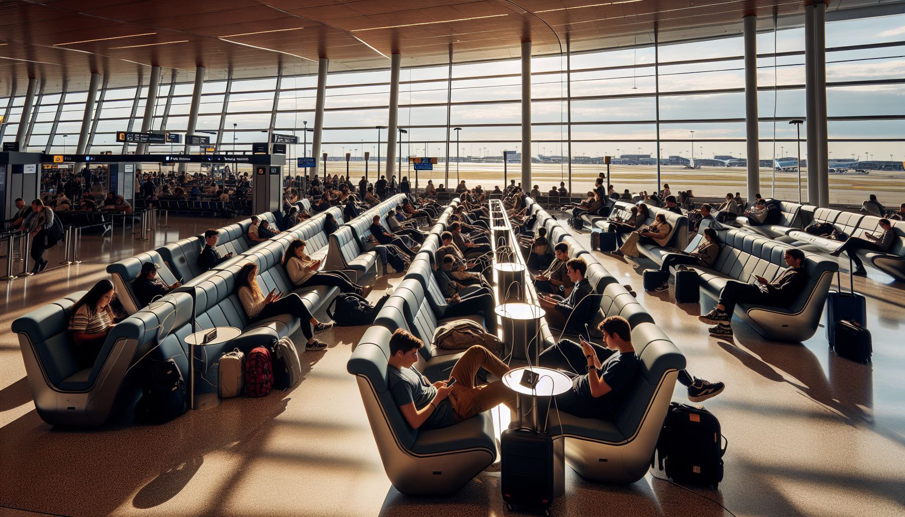 Charging station and seating area at LaGuardia Terminal B