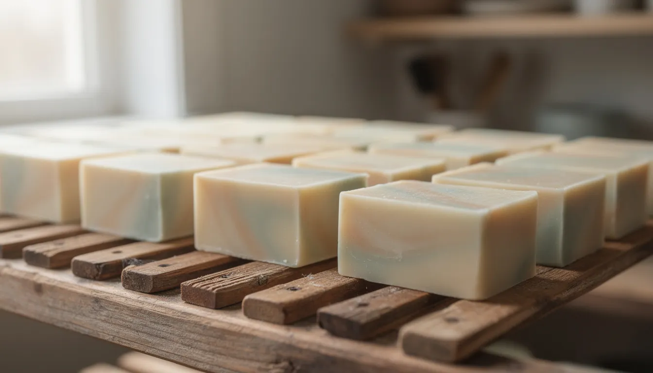 The image features fresh handmade soap bars curing on a wooden drying rack, showcasing their natural ingredients and unique textures. These bars, crafted through the saponification process, are ideal for sensitive skin and free from harsh chemicals, highlighting the art of soap making.