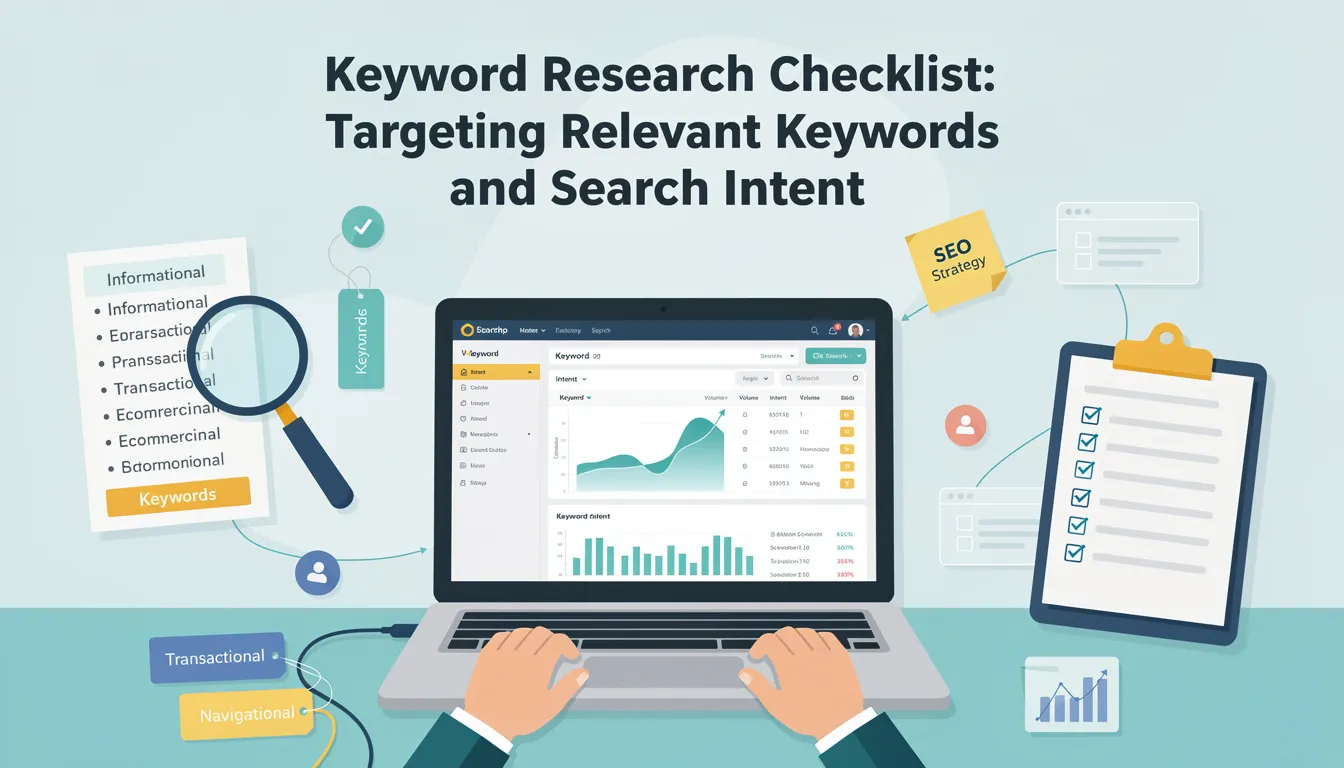 The image depicts a comprehensive "Keyword Research Checklist" aimed at helping website owners optimize their content for search engines. It includes various tools and strategies such as Google Search Console, SEO checklists, and techniques for targeting relevant keywords and understanding search intent to enhance search rankings and organic traffic.