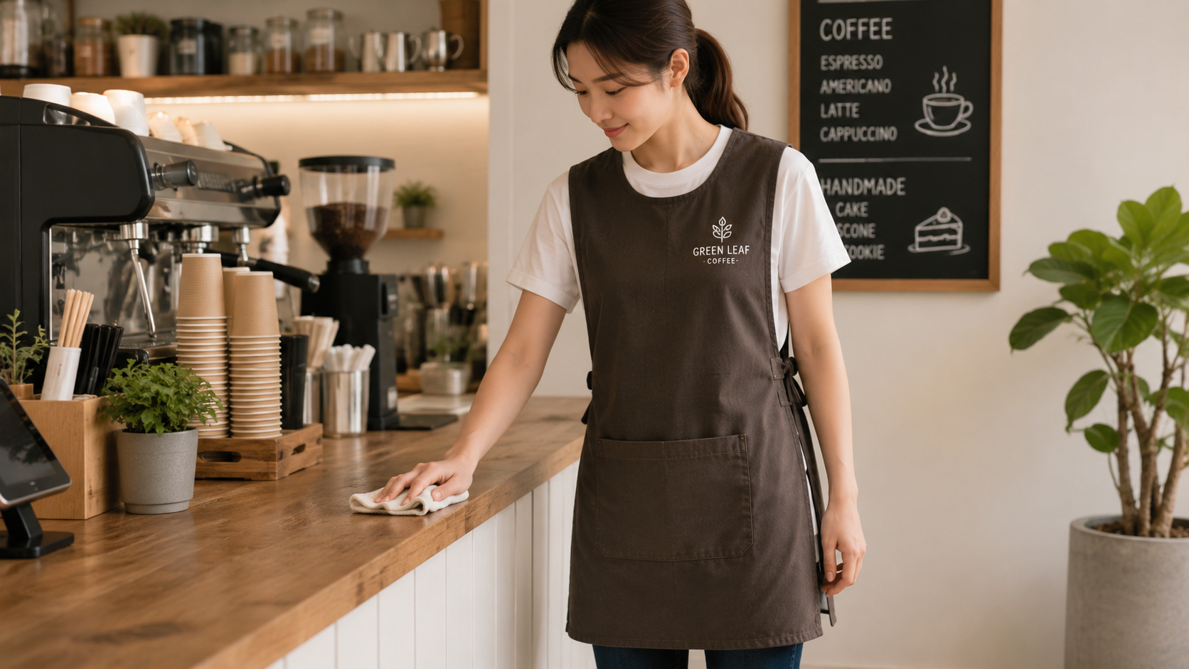 Café worker wearing a cobbler apron designed to provide front and upper-back coverage while keeping the arms free.
