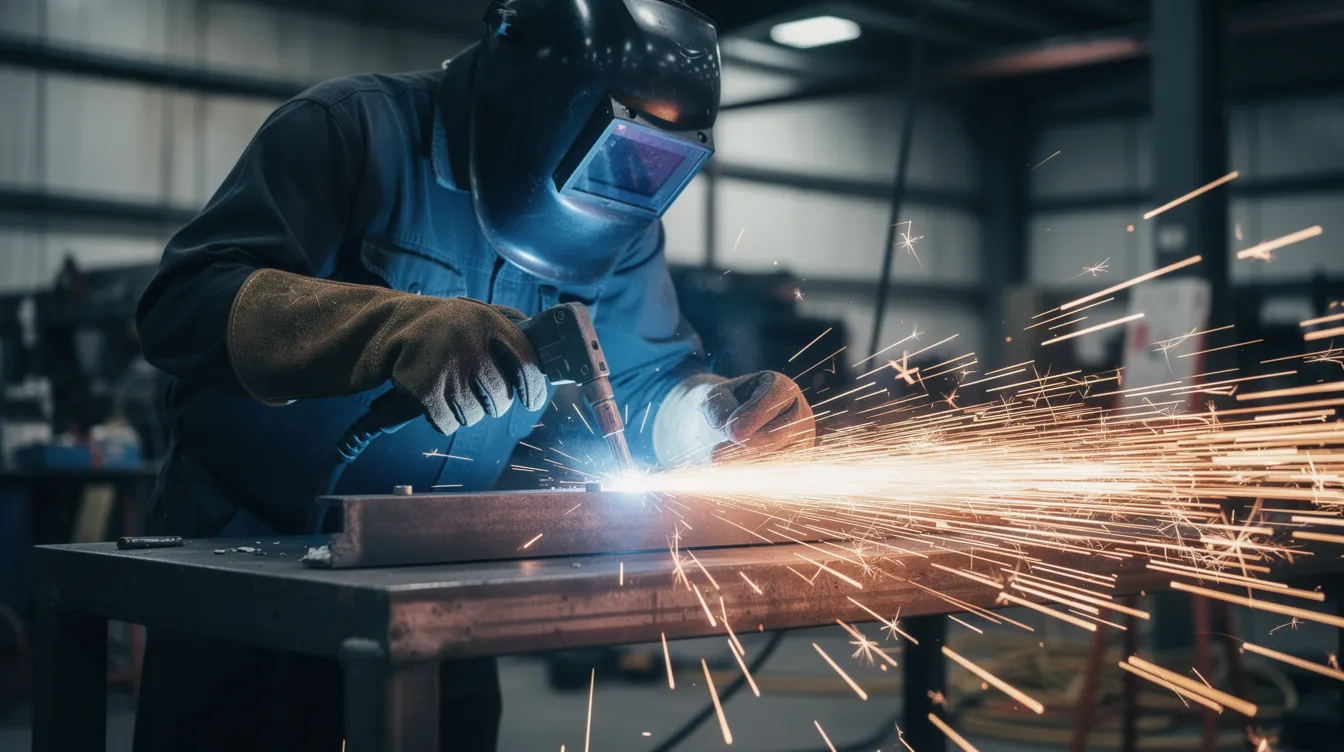 A person wearing a dark welding helmet and leather gloves is using a plasma cutter on a steel workpiece, with bright sparks flying from the cutting process. The scene captures the intense focus and precision required for efficient plasma cutting in DIY projects or job sites.