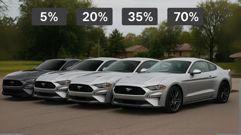 A comparison of car with tint films of different percentages.
