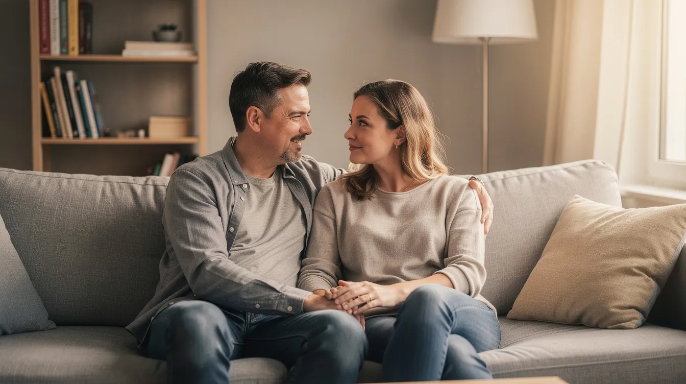 A couple sits closely together on a couch, engaged in a calm and heartfelt conversation, embodying the essence of good marriage and the importance of communication in preventing divorce. Their relaxed demeanor suggests they are managing their relationship and addressing any marital problems with understanding and care.