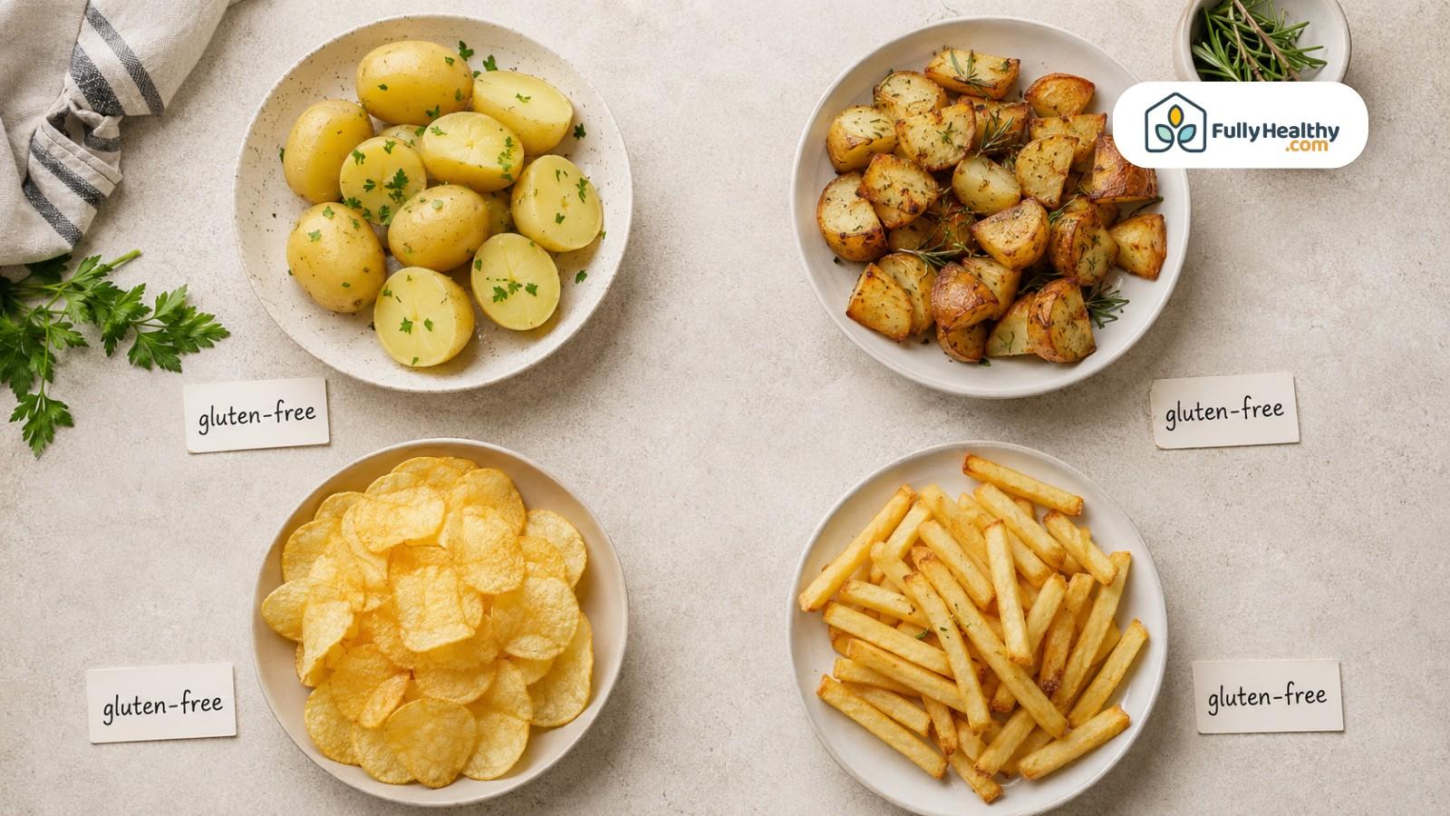 Boiled potatoes, roasted potatoes, potato chips, and fries with gluten-free labels