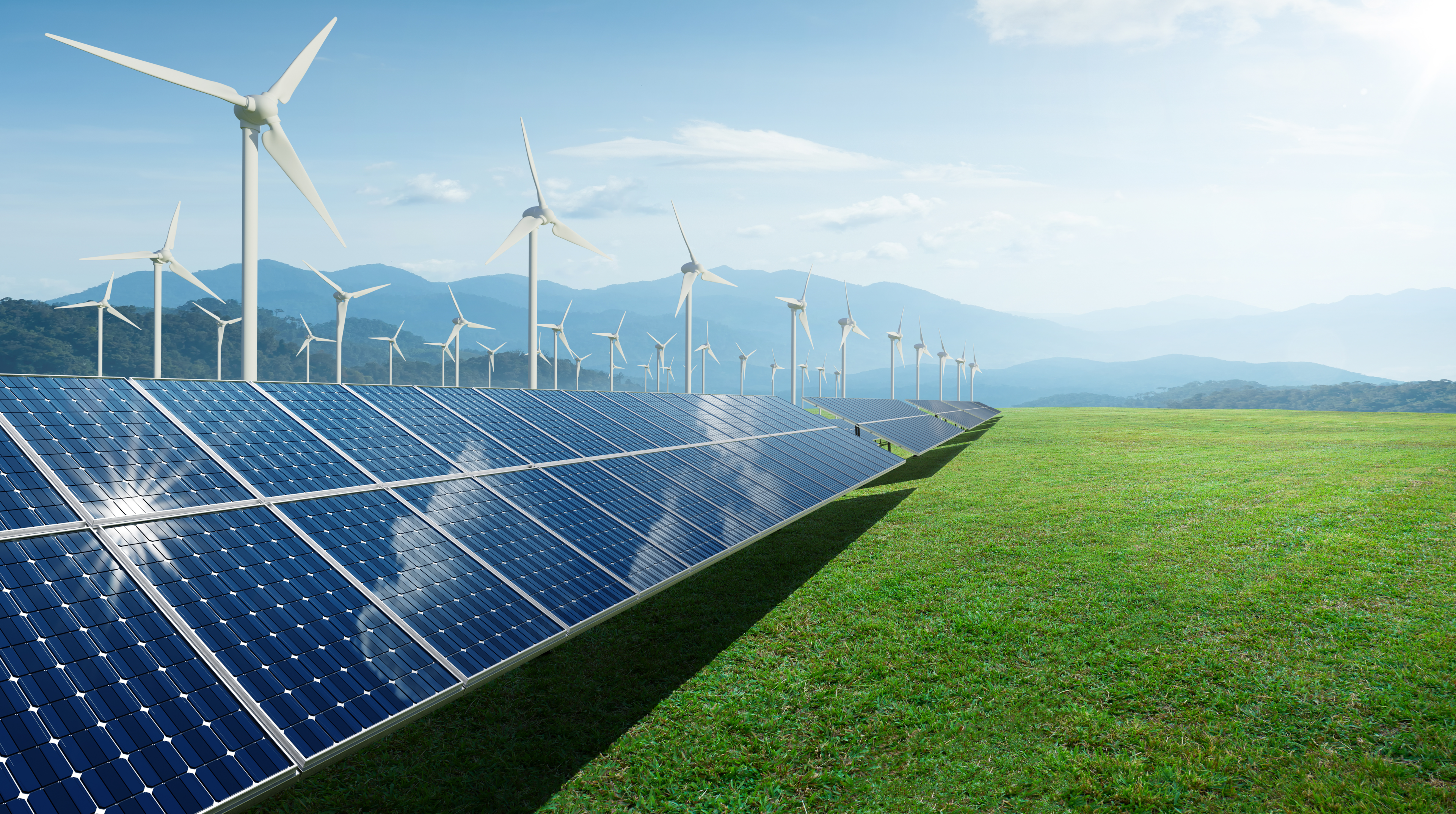 Renewable Energy Engineering: Solar panels and wind generators under blue sky