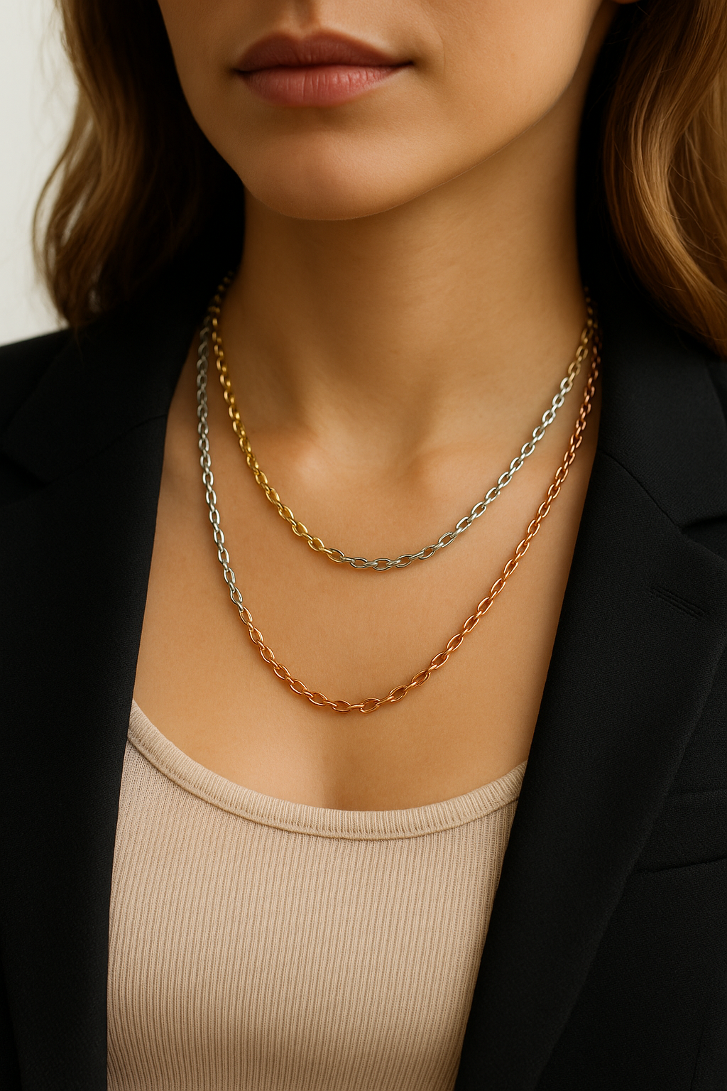 Stilingos merginos kaklas papuoštas trimis skirtingo ilgio grandinėlėmis – iš balto, geltono ir raudono (rožinio) aukso