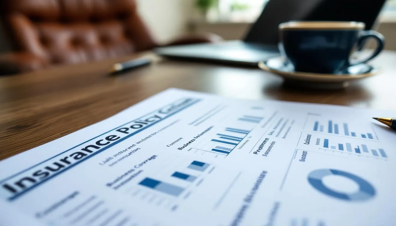 The image features insurance policy documents alongside financial charts that illustrate the benefits of key person insurance coverage for businesses. These materials emphasize the importance of protecting essential employees, ensuring business continuity, and mitigating the financial impact of a key employee's death or disability.
