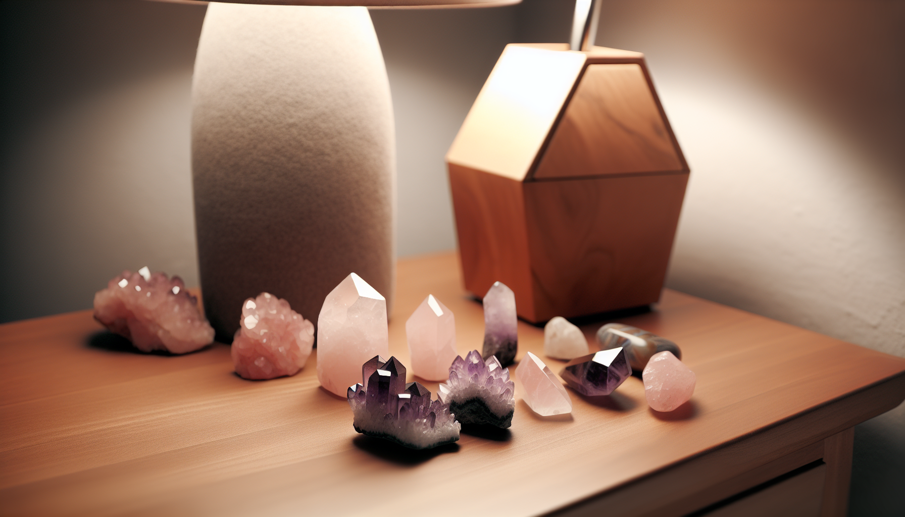 A variety of crystals including rose quartz and amethyst