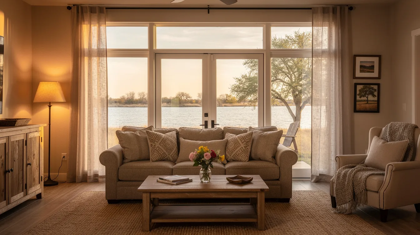 The image showcases a cosy furnished living room within a vacation rental property, featuring large windows that provide a picturesque view of a Texas lake. This inviting space is ideal for real estate investors looking to capitalize on the property's rental income potential in the thriving Texas real estate market.
