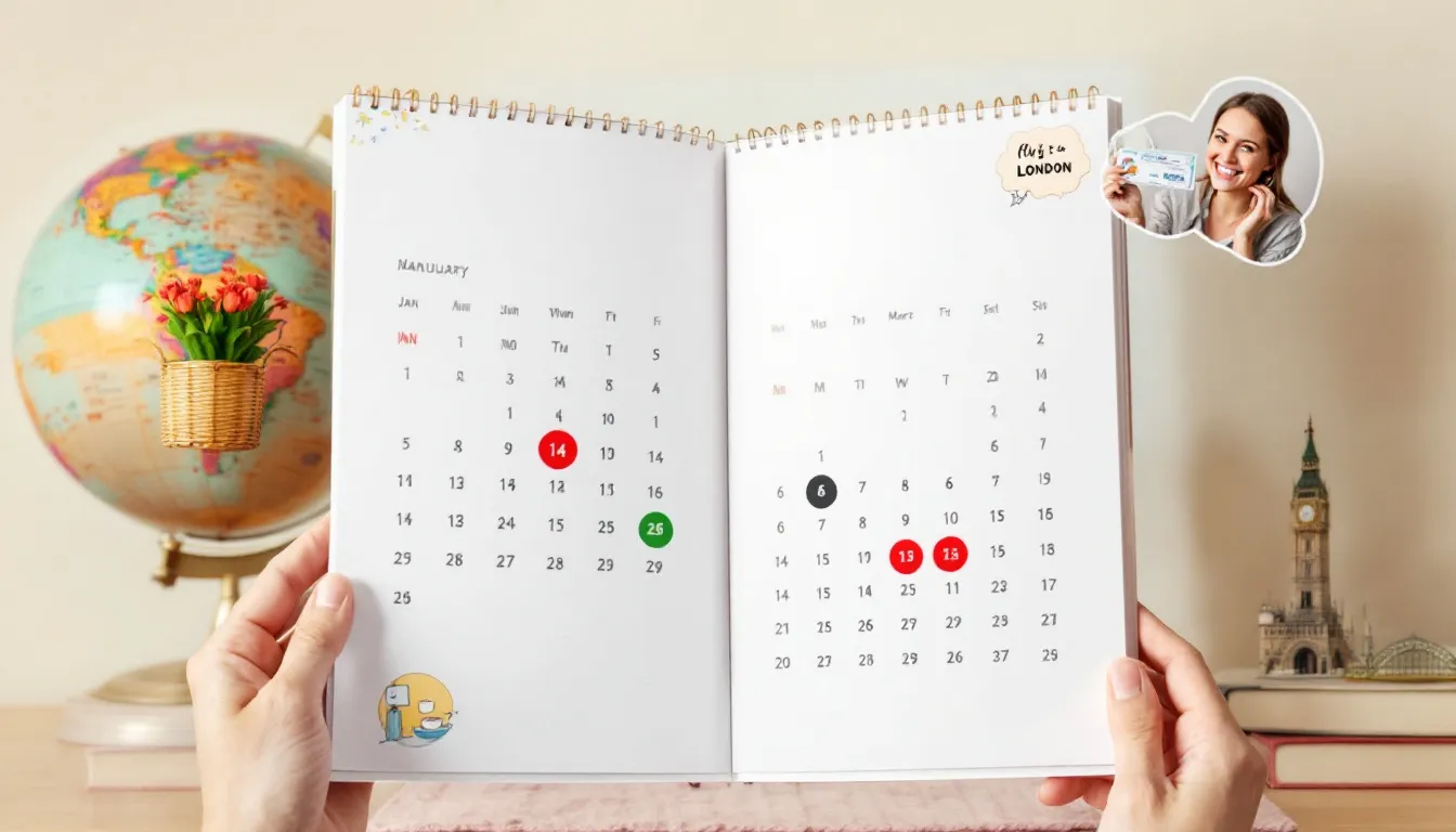 A calendar with highlighted dates, indicating the cheapest times to fly to London.