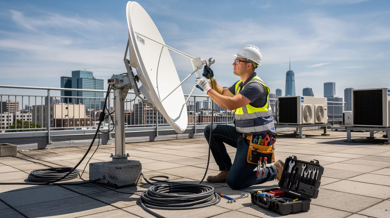 A technician is adjusting the alignment of a satellite dish on a rooftop, ensuring optimal signal reception for DSTV services. The technician is equipped with tools and is focused on the installation process, which is essential for connecting DSTV decoders and enhancing viewing experiences.