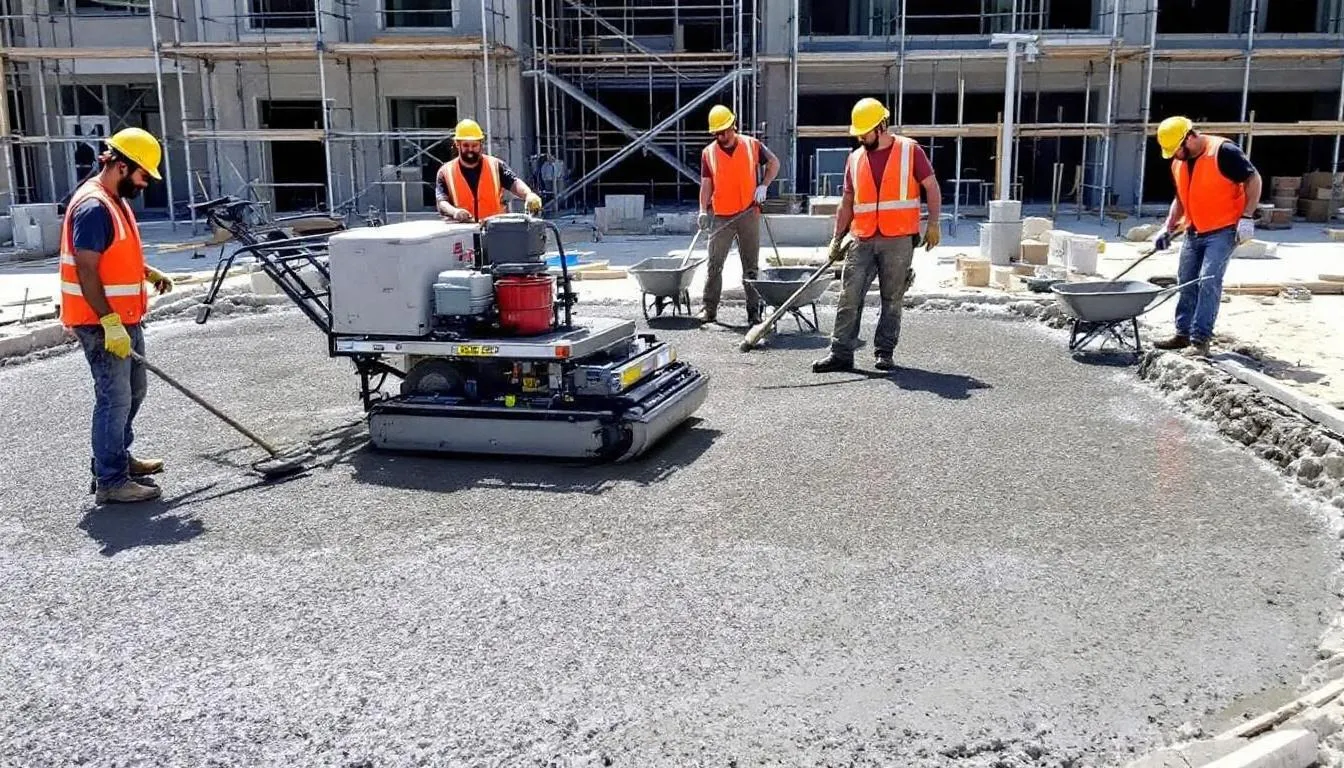 A professional concrete crew is seen installing an exposed aggregate surface, showcasing their expertise in creating decorative concrete solutions for outdoor spaces. The installation process highlights the quality exposed aggregate being used, ensuring a smooth finish that enhances the aesthetic appeal of the area.