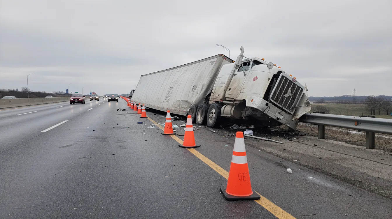 Un camión de 18 ruedas está volcado en el arcén de una autopista, rodeado de conos de seguridad que advierten sobre el accidente. Esta escena ilustra los peligros de los accidentes de camiones en Houston y la importancia de contar con un abogado especializado en accidentes para obtener la compensación adecuada.