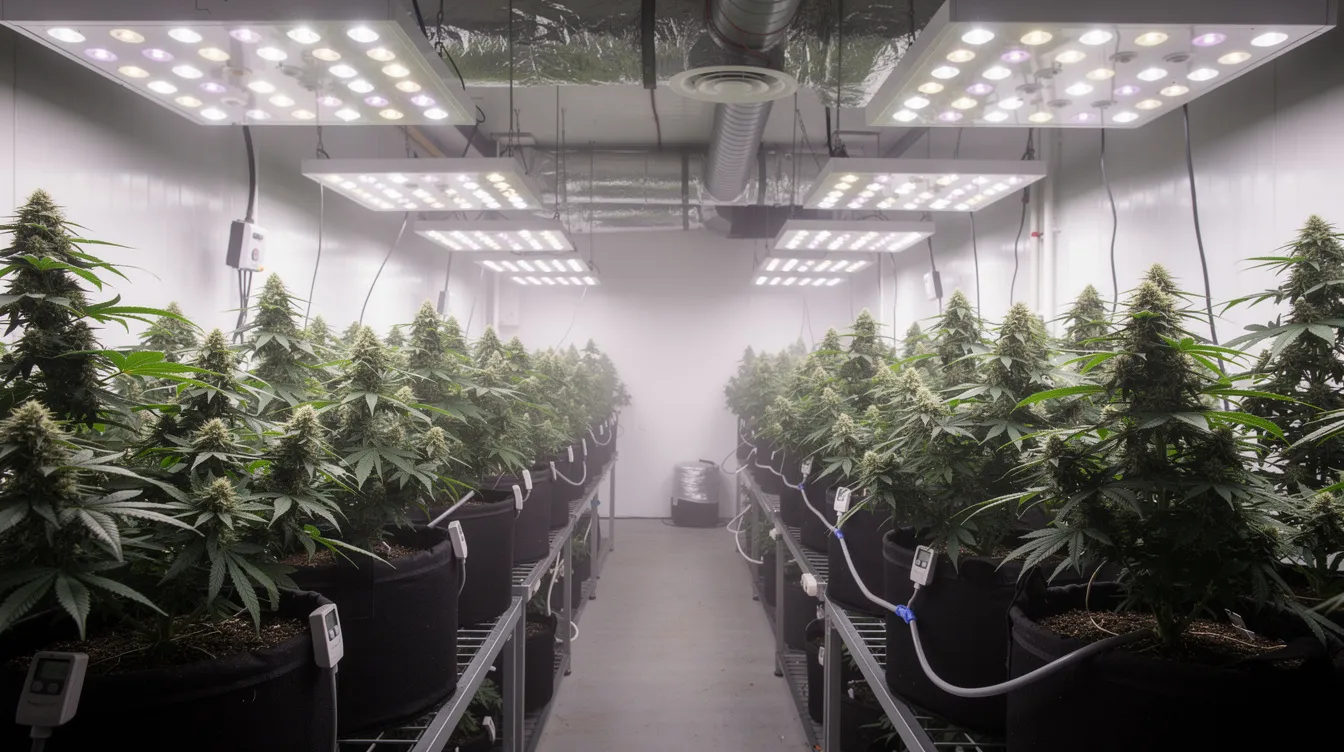 The image depicts a professional indoor cannabis growing facility featuring mature cannabis plants thriving under bright LED lights, showcasing the advanced cultivation methods used by cannabis businesses. This setup highlights the importance of proper lighting in the cannabis industry for optimal growth and product quality.