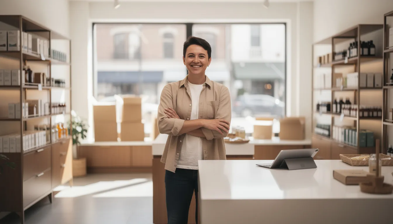 A confident and self-assured small business owner stands inside a modern retail store, smiling and relaxed, surrounded by neatly stocked shelves and clean displays that convey stability and growth. Soft natural lighting enhances the optimistic atmosphere, while subtle details like organized inventory boxes and a tablet on the counter suggest informed financial management and a commitment to future success.