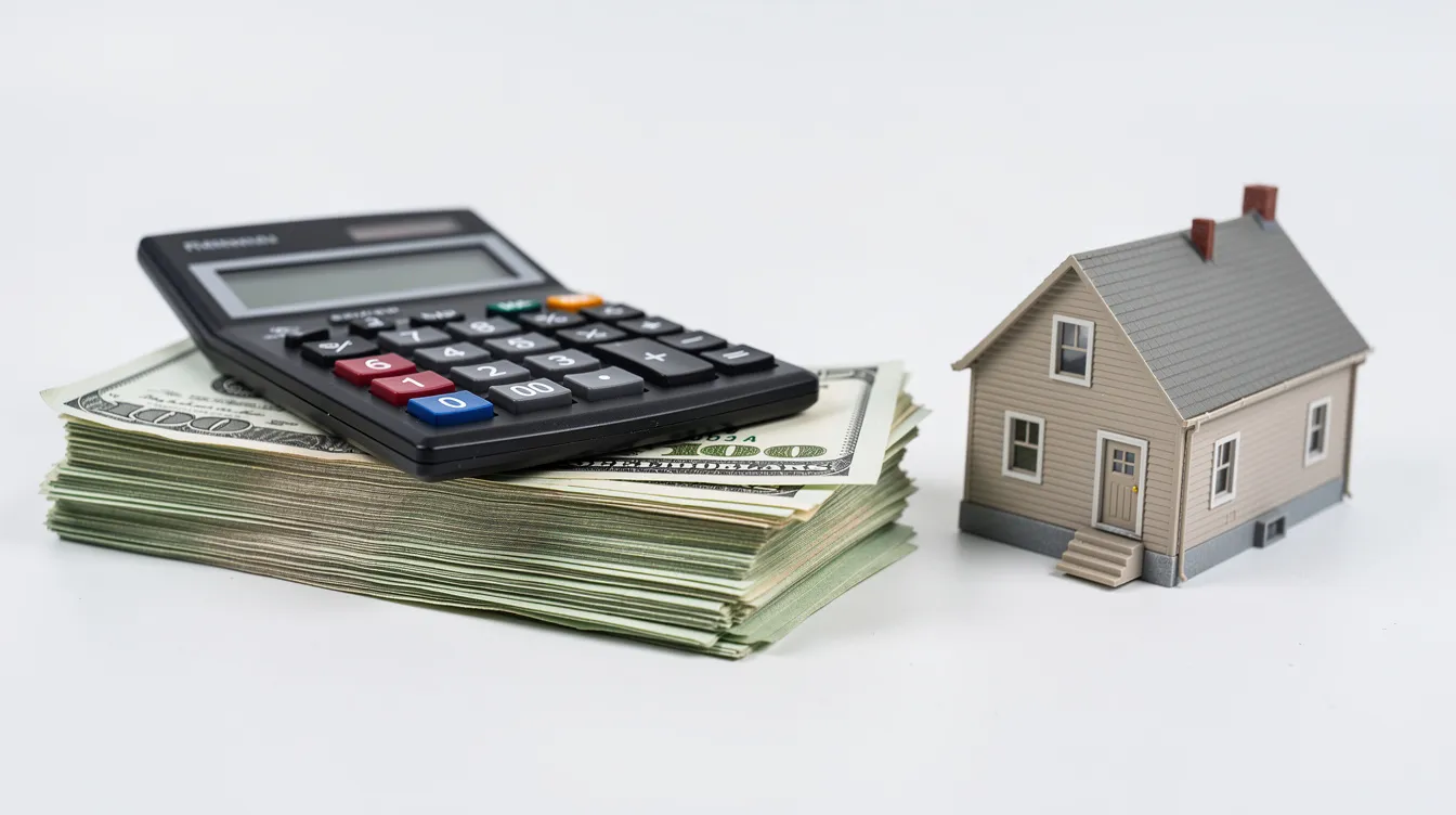 The image features a calculator placed on a stack of US dollar bills, alongside a small model house, symbolizing financial calculations related to investment properties. This scene reflects the financial considerations that real estate investors face, including the potential use of hard money loans for funding their projects.