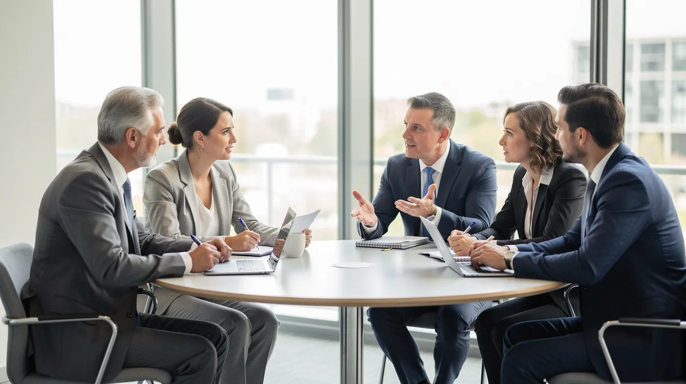L'image montre un petit groupe de professionnels en pleine discussion autour d'une table ronde, échangeant des idées sur le coaching et la formation en management. Leur dynamique collaborative illustre l'importance de la prise de décision et du développement des compétences au sein d'une équipe en entreprise.