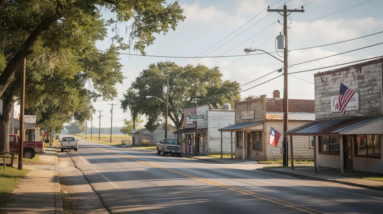 The image depicts a quiet street in a rural Louisiana town, lined with small buildings and trees, creating a serene atmosphere. This scene reflects the everyday life of Louisiana residents, where community and simplicity are key elements.