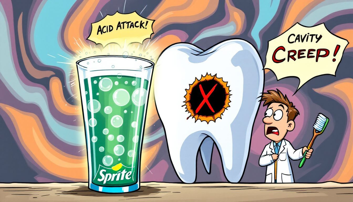 A close-up of a glass of Sprite with bubbles, illustrating the effects of soda on tooth enamel.