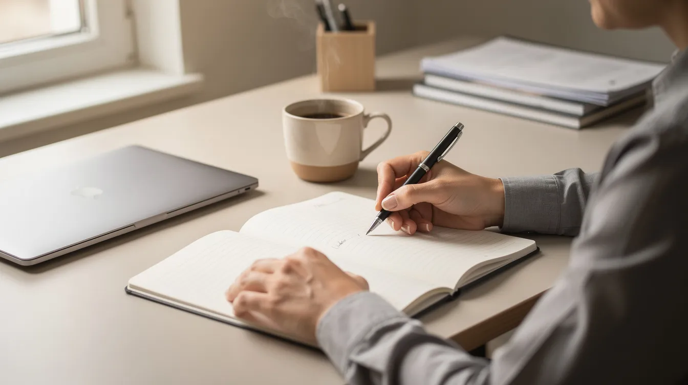 Une personne est assise à un bureau ordonné, écrivant dans un carnet tout en savourant une tasse de café. Cette scène évoque un environnement de travail inspirant, propice à la motivation et à la réflexion sur des projets et des objectifs de vie.