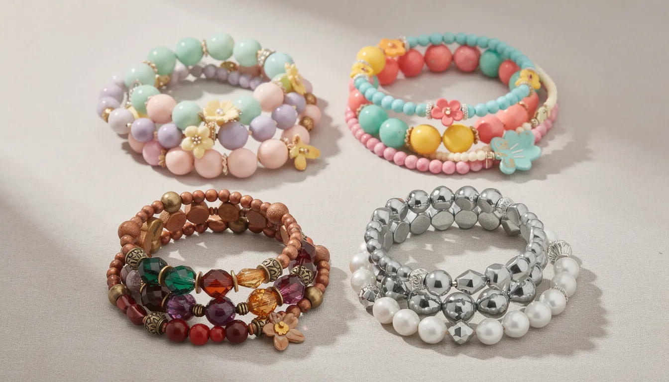 The image features a seasonal arrangement of stunning beaded bracelets, showcasing a variety of colors including soft spring pastels, vibrant summer brights, rich autumn jewel tones, and elegant winter metallics. Each stretchy beaded bracelet is crafted with different beading patterns, highlighting the creativity and techniques involved in bracelet making.