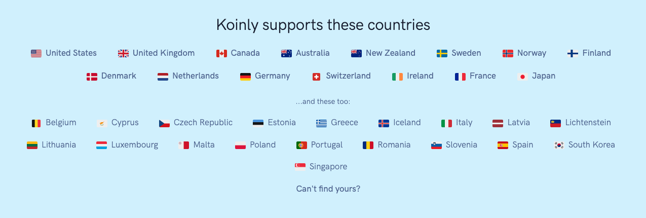 The list of countries supported by Koinly