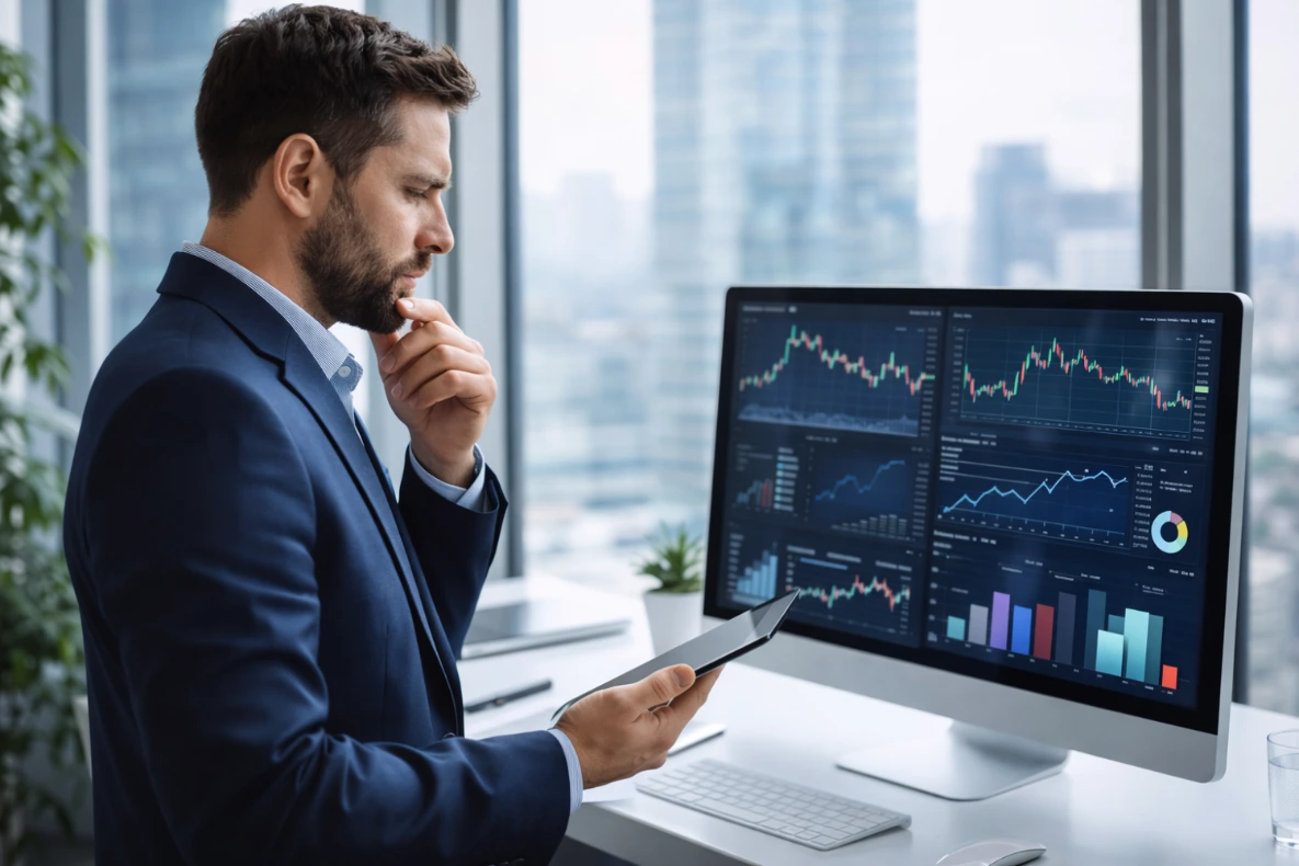 A man in a suit looking at stock market data on multiple screens and a tablet.