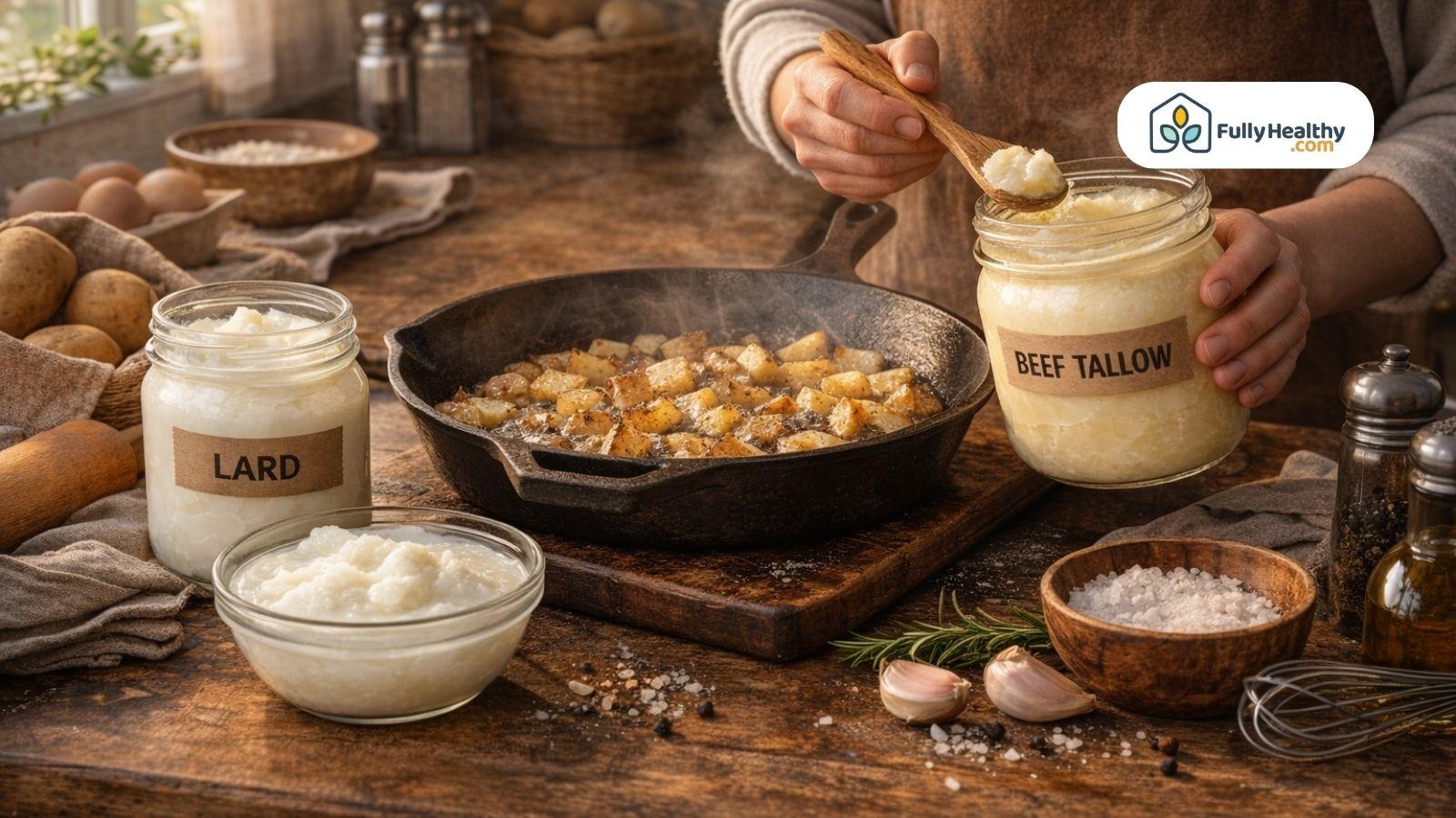 Cooking with beef tallow and lard in rustic kitchen setting