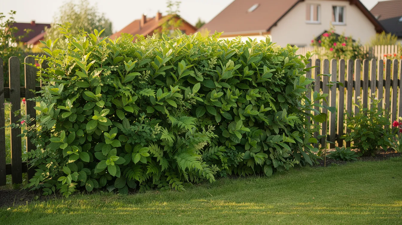Na obrazie widoczny jest gęsty zielony żywopłot z krzewów liściastych, który rośnie wzdłuż drewnianego ogrodzenia w polskim ogrodzie przydomowym, typowym dla letniego krajobrazu. Krzewy te tworzą zieloną ścianę, zapewniając prywatność i osłonę przed wiatrem.