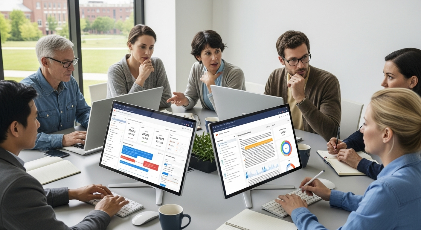 College admissions officers using AI-assisted dashboards to prioritize and review student application essays