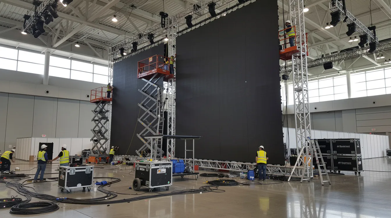A production crew is assembling a large LED video wall made of multiple LED panels on a truss structure inside a convention center, showcasing the detailed setup process that involves rigging hardware and careful planning for the event. The bright display is designed to provide high-quality visuals, with considerations for pixel pitch and resolution to meet the expectations of the production.