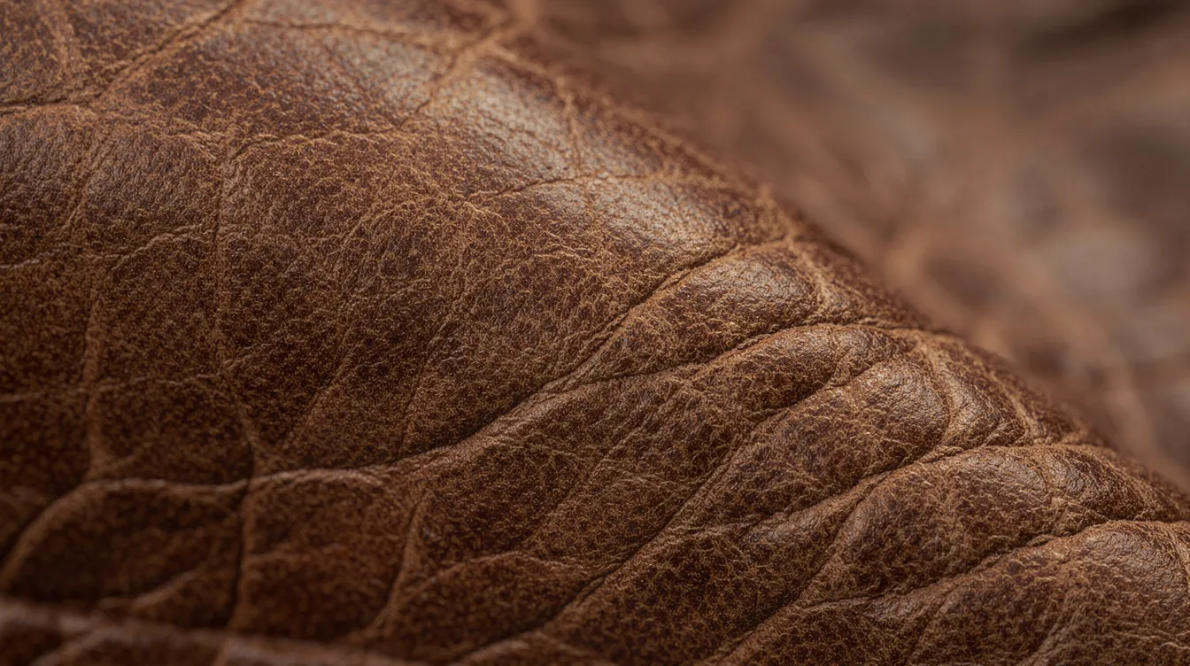 Närbild på naturligt brunt fullnarvs-läder, där man tydligt kan se de unika porerna och texturen som ger ett äkta och högkvalitativt intryck. Detta material används ofta i design av kontorsstolar för att kombinera komfort och stil i arbetsplatsen.