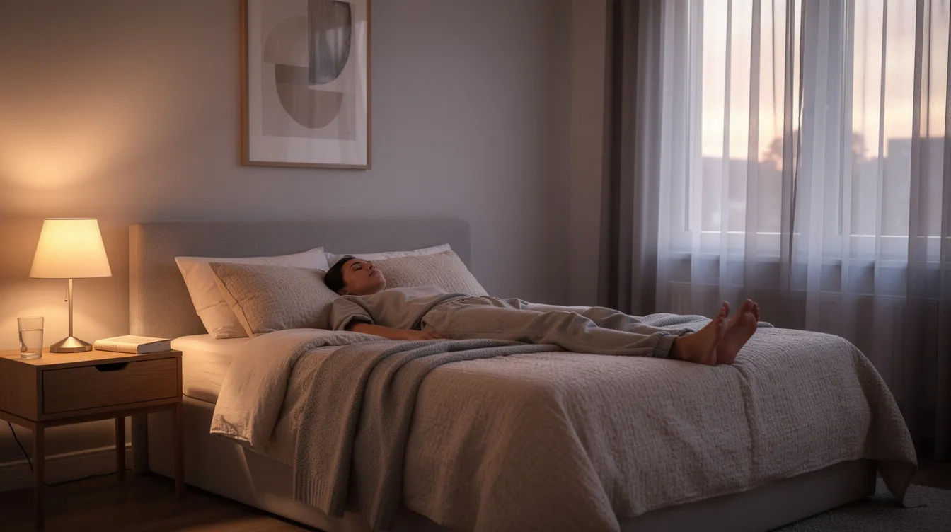 The image depicts a serene bedroom scene where a person is peacefully resting on a bed, surrounded by soft lighting and calming decor, promoting better sleep quality. This tranquil environment encourages relaxation techniques and healthy sleep habits, essential for overcoming sleep anxiety and achieving restful sleep.