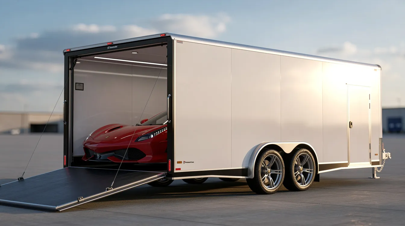 The image shows a sleek enclosed auto transport trailer with a luxury sports car partially visible through the open door, highlighting the secure transport method used for cross country car shipping. This setup emphasizes the professional car shipping services that ensure vehicles are safely delivered across the country.