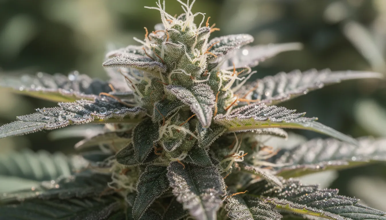 Die Nahaufnahme zeigt eine blühende Cannabispflanze mit sichtbaren Trichomen, die die charakteristischen Harzdrüsen enthalten. Diese Pflanze ist reich an Cannabinoiden und könnte für Konsumenten von THC- und THCP-Produkten von Interesse sein, die die Wirkung und Effekte der verschiedenen Cannabissorten erforschen möchten.