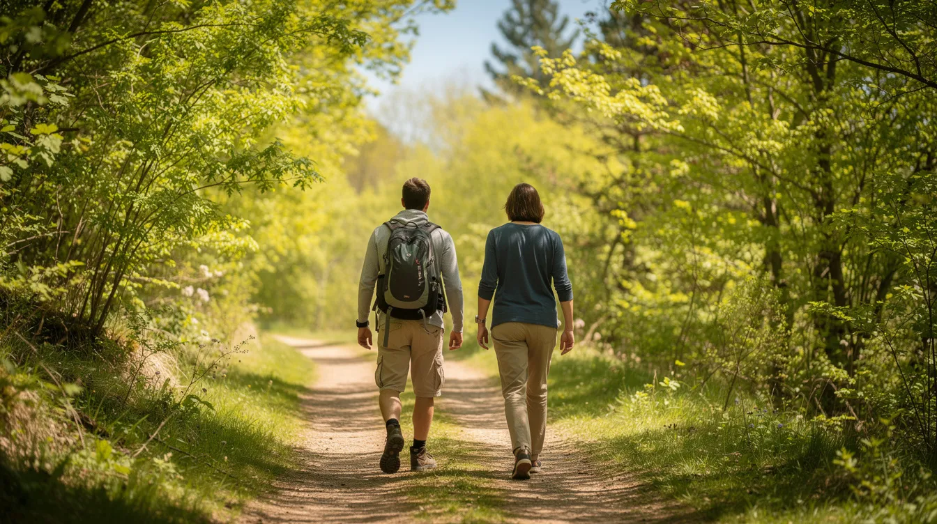 Two people are walking along a sunny trail surrounded by green trees, one of them wearing a picnic backpack. They are enjoying their day outdoors, with no items in their hands, ready for a relaxing picnic ahead.