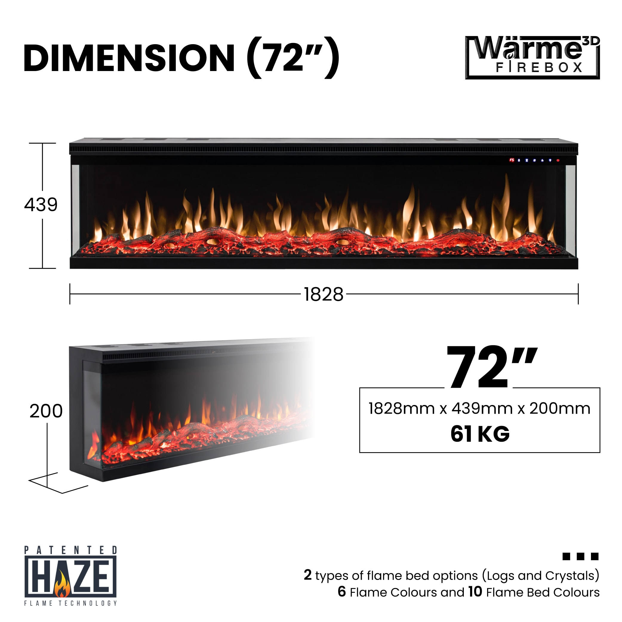 Detailed view of the Wärme Firebox Panoramic 72 with heat settings.