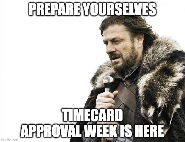 Game of Thrones "Winter is Coming" meme warning about timecard approval week approaching. Timesheet reminder meme about the dreaded weekly deadlines.