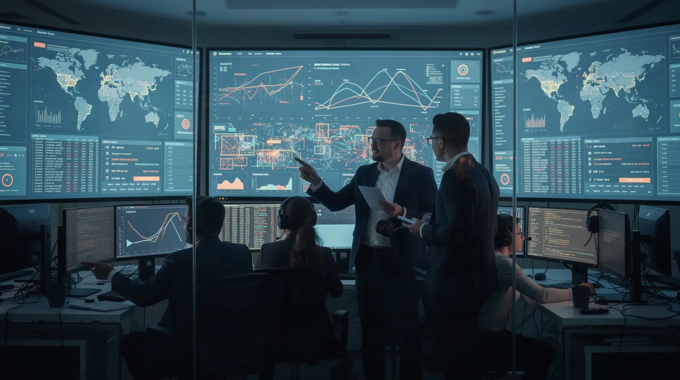 In a dimly lit operations room, cybersecurity analysts from both blue and red teams collaborate as they review alert dashboards displayed on multiple screens. They focus on identifying security vulnerabilities and enhancing the organization's security posture through ongoing collaboration and effective threat management strategies.